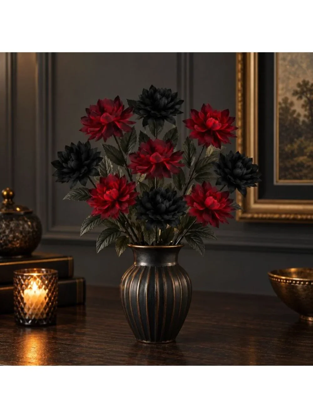 Black Red Artificial Mum Dahlia Style Bouquet, Gothic Wedding Bouquet, Alternati